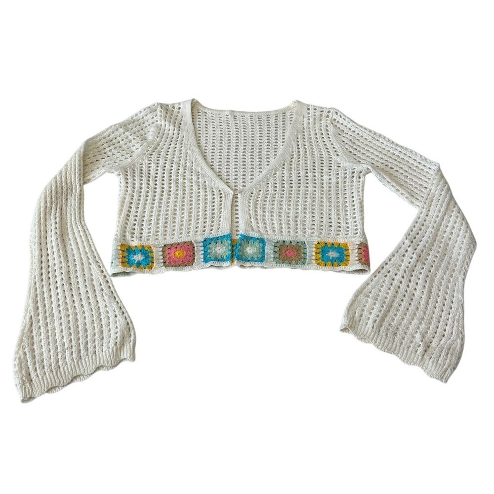 Cropped Crochet Cardigan Sweater Juniors Bell Sleeve Sz L White Boho Cottagecore